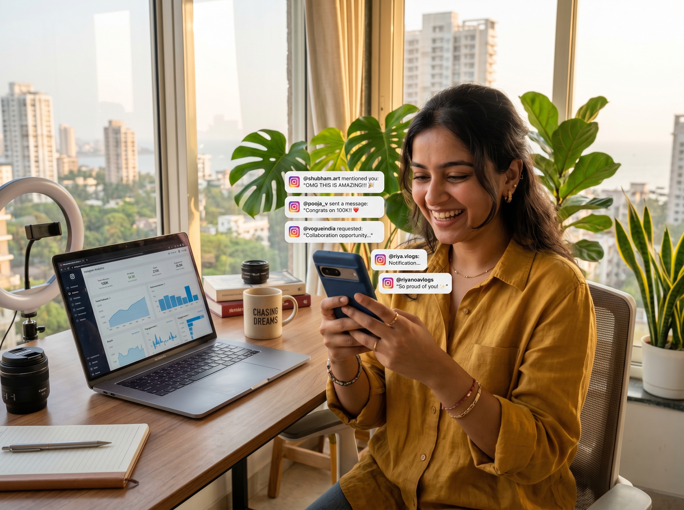 Indian creator celebrating Instagram DM automation success in home office