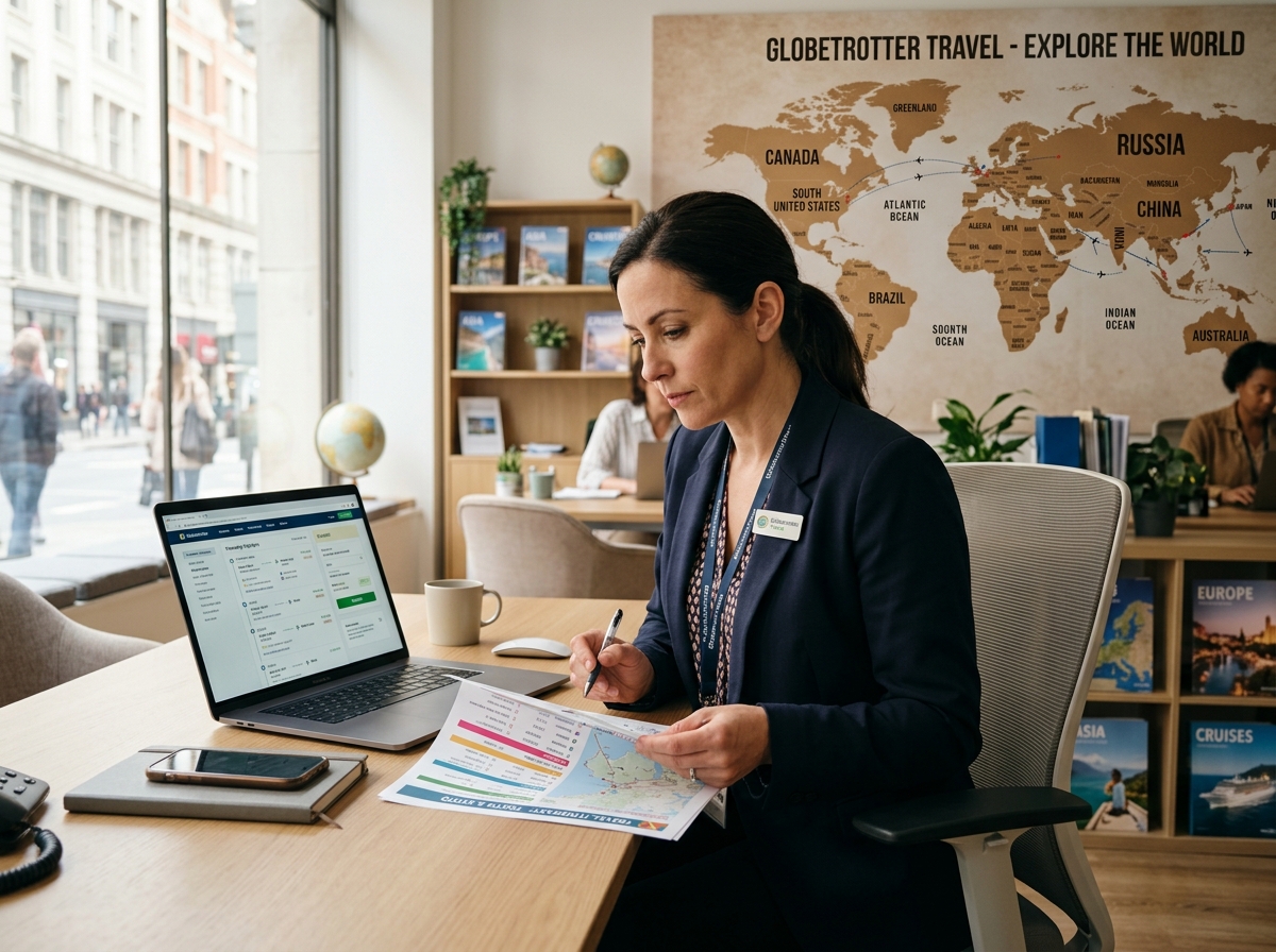 Travel agent reviewing itinerary on laptop