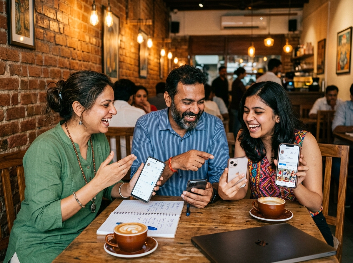Indian small business owners discussing Instagram automation strategies in cafe