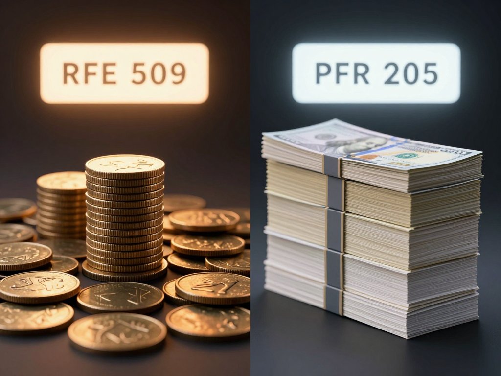 3D photorealistic split-screen comparing Indian rupee pricing stack versus US dollar pricing stack for DM tools