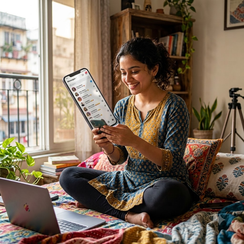 Indian creator smiling at phone with DM notifications