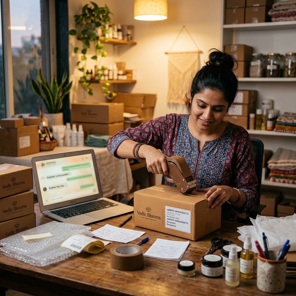 Indian D2C business owner packing orders beside laptop