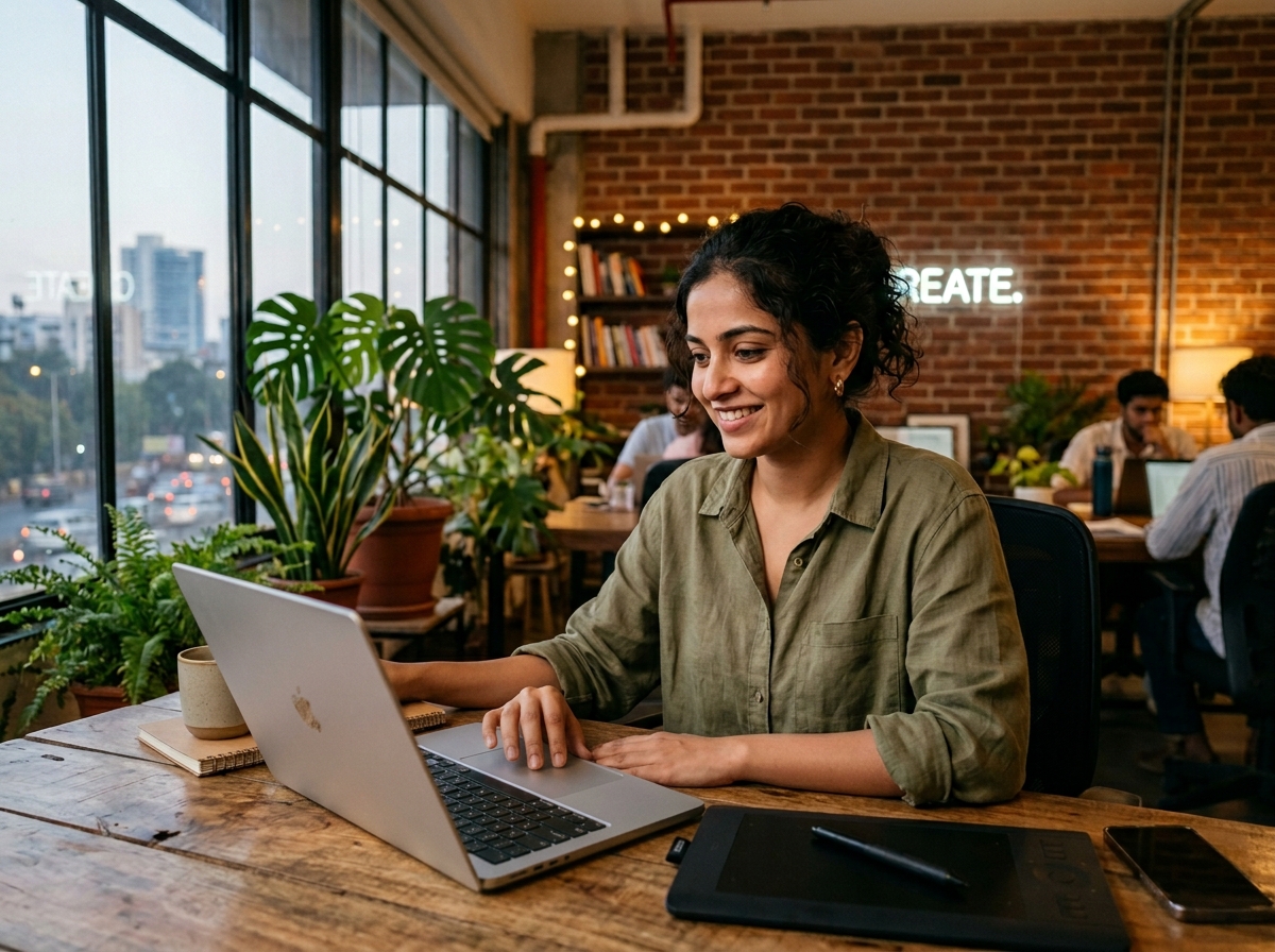 Indian creator managing Instagram DMs in modern coworking space