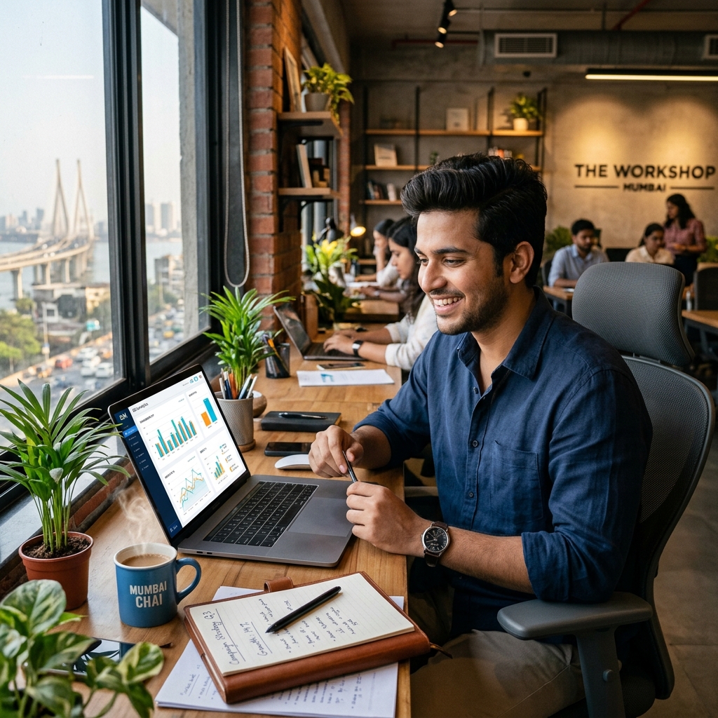 Indian entrepreneur analyzing Instagram DM automation results in Mumbai office