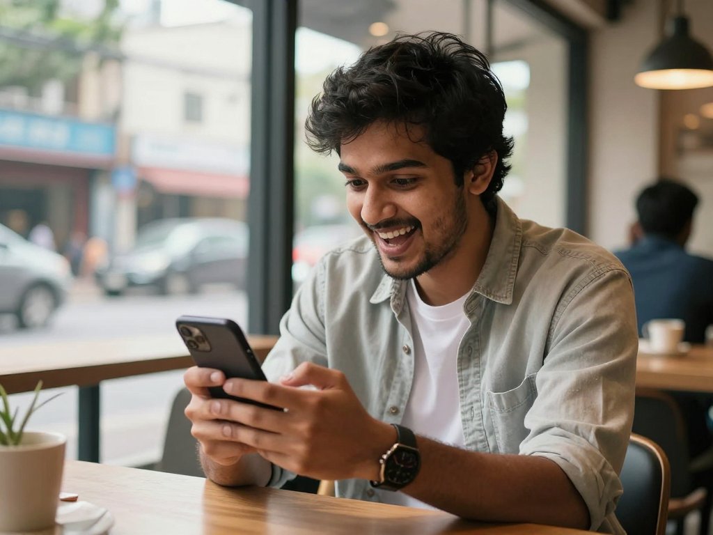 Indian content creator excited by high Instagram engagement metrics at cafe