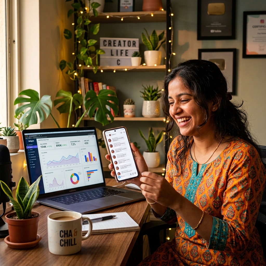 Indian creator celebrating successful Instagram DM automation results
