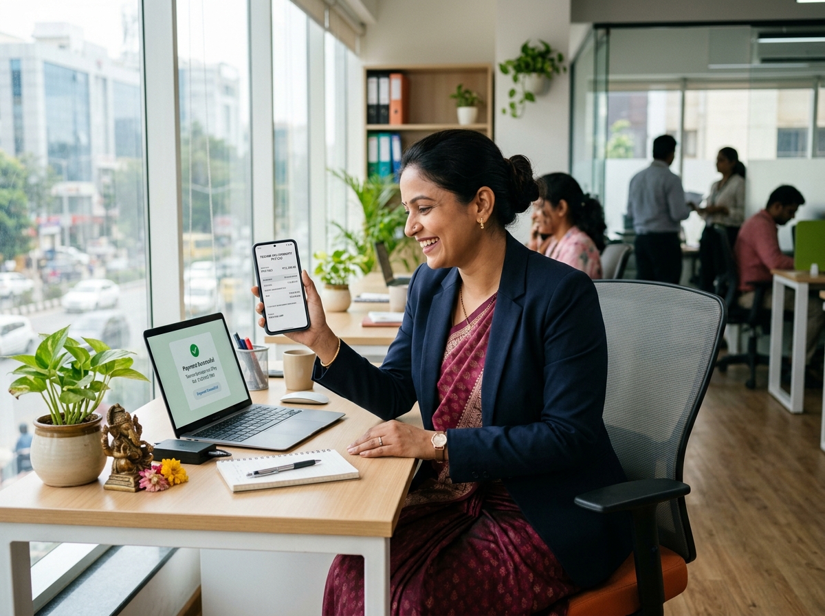 Indian business owner receiving GST invoice with UPI payment on phone