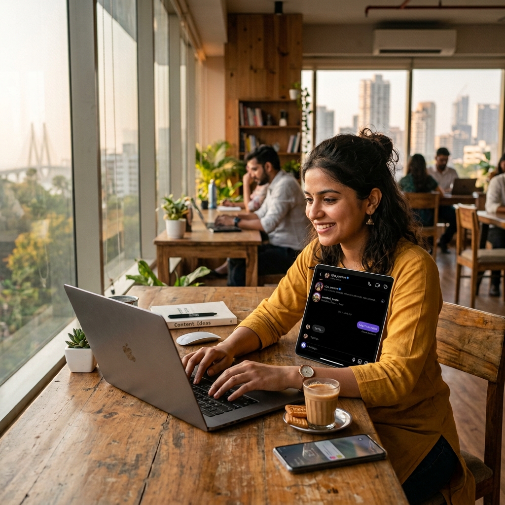 Indian creator working on Instagram DM automation in Mumbai coworking space