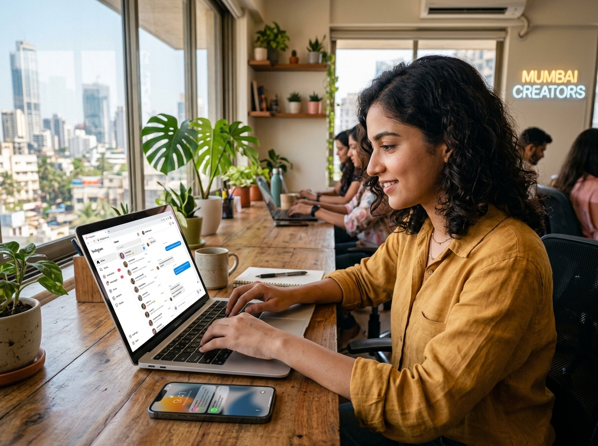 Indian creator managing Instagram DMs in Mumbai office