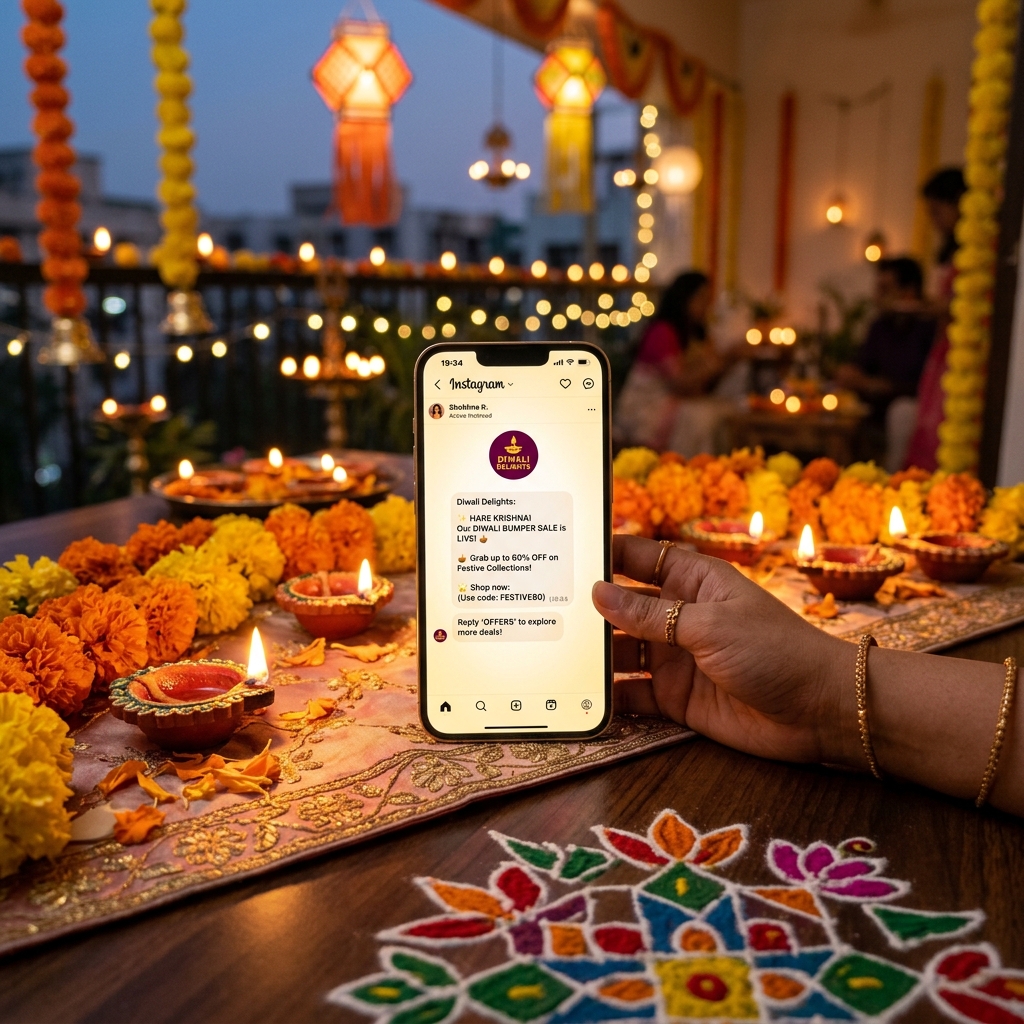 Indian Diwali festival Instagram DM automation concept with phone and diyas