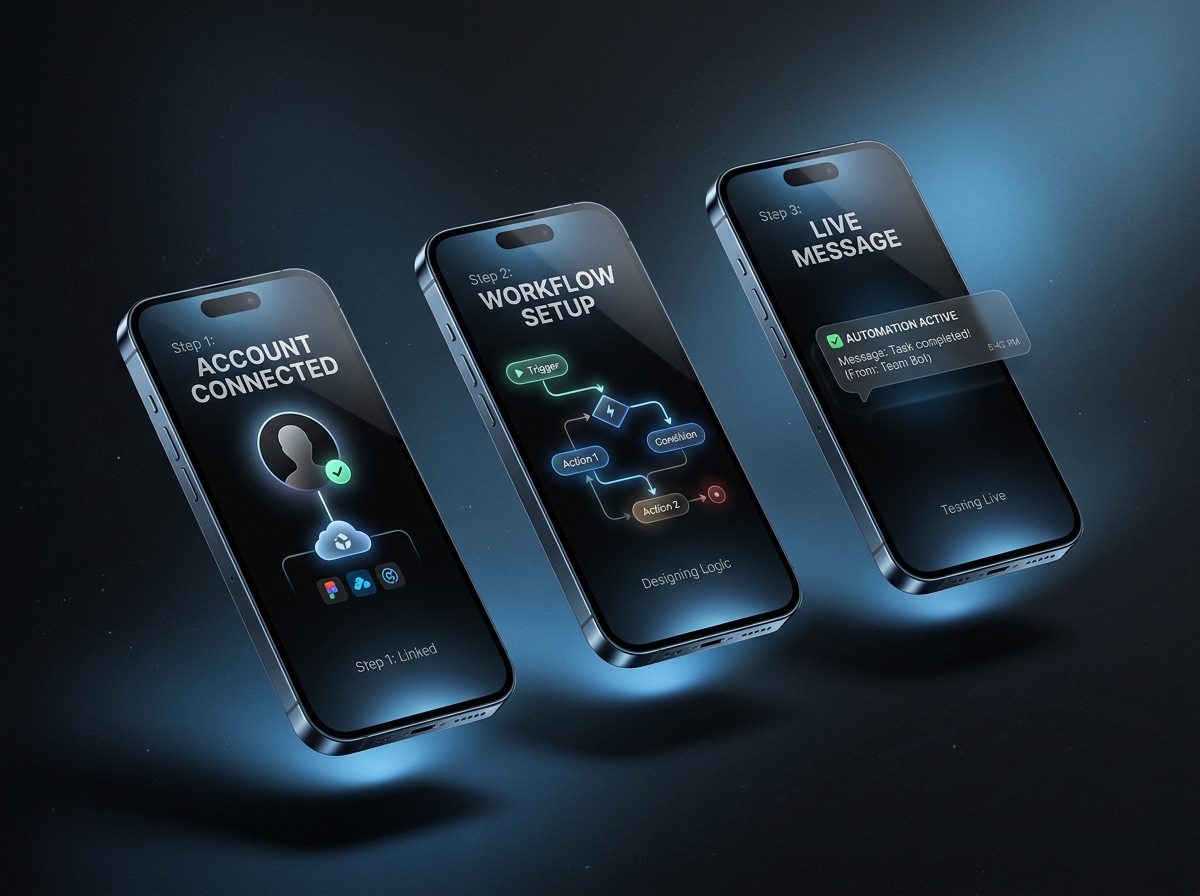 Three smartphone screens showing Instagram automation setup steps