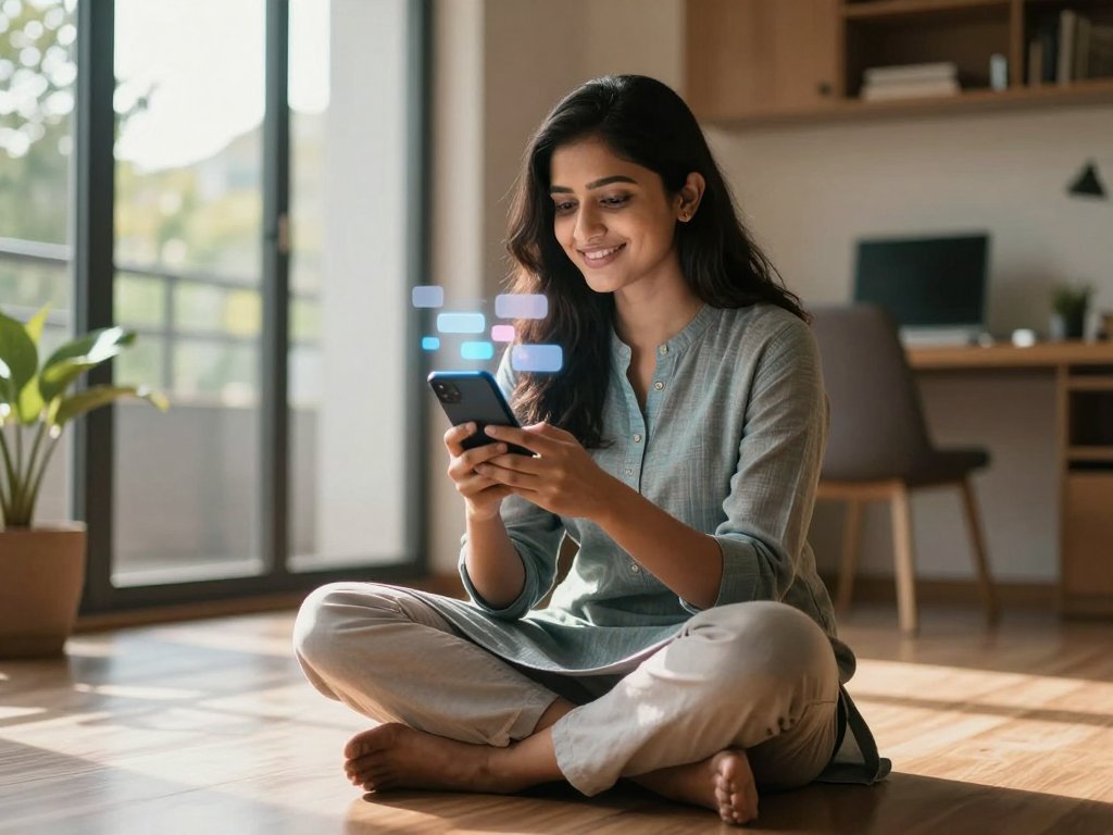 Indian Instagram creator managing DM automation on smartphone in Mumbai apartment