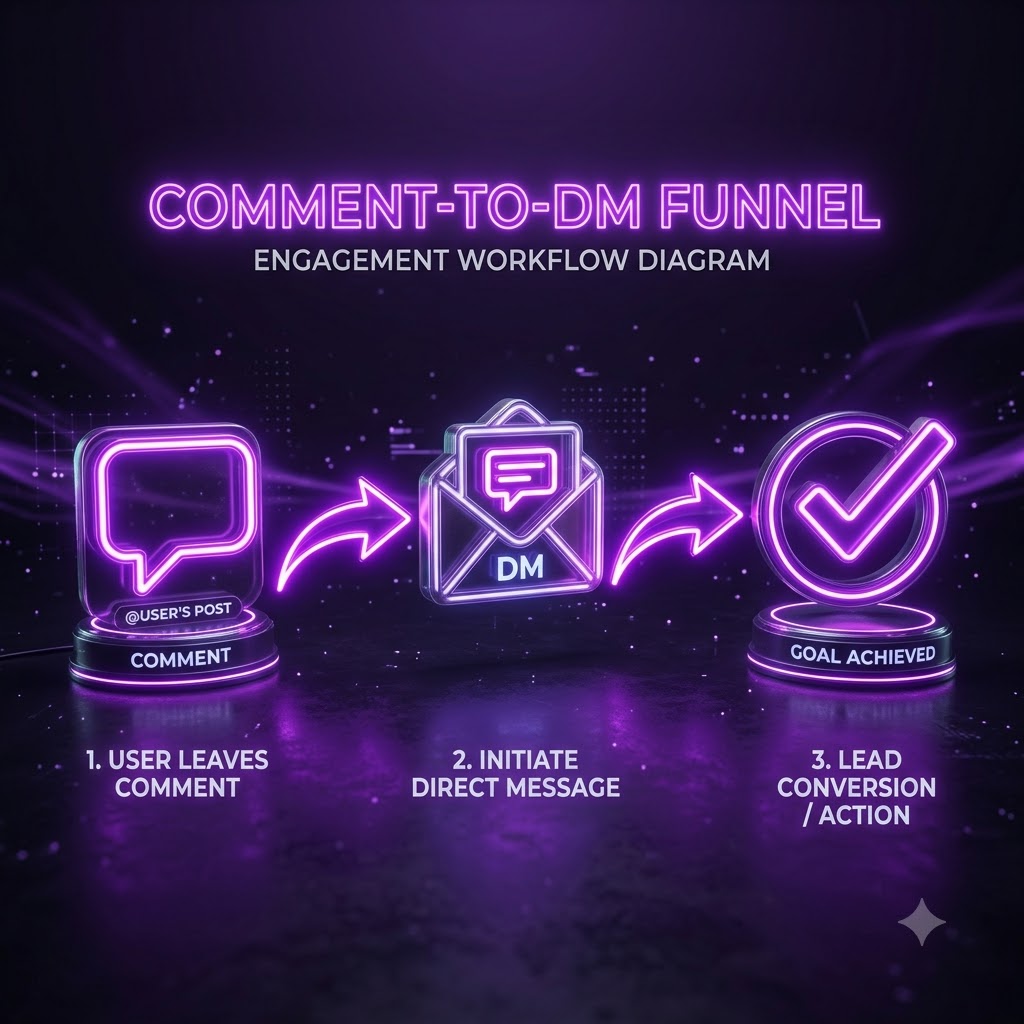 3D flow diagram of comment-to-DM automation funnel