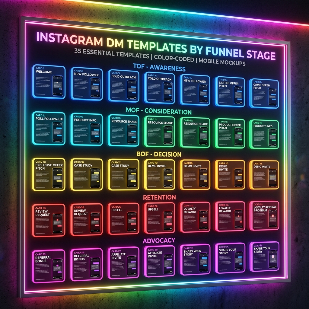 Grid of 35 Instagram DM template cards organized by funnel stage