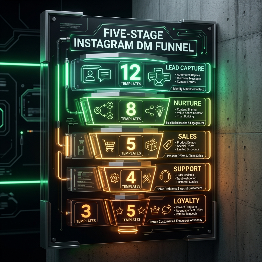 Five-stage Instagram DM funnel diagram with template counts per stage