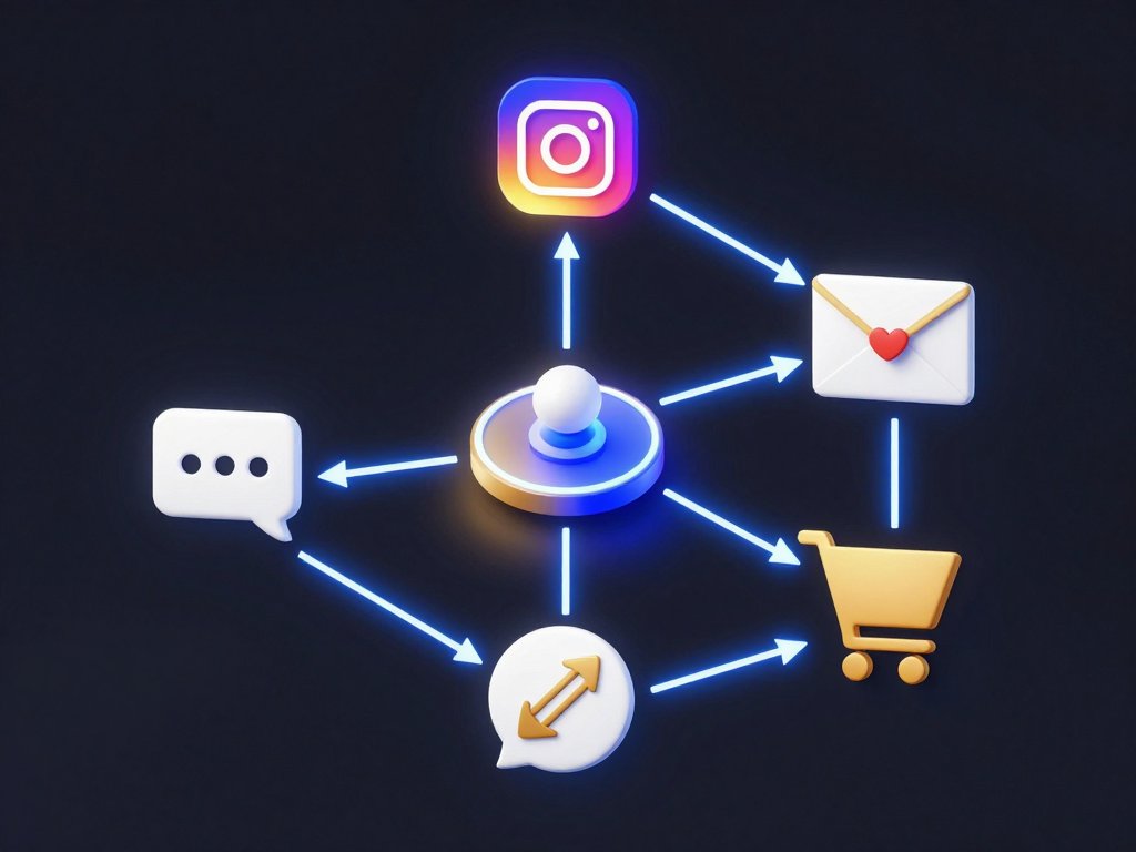 3D isometric diagram of Instagram comment to DM conversion funnel flow