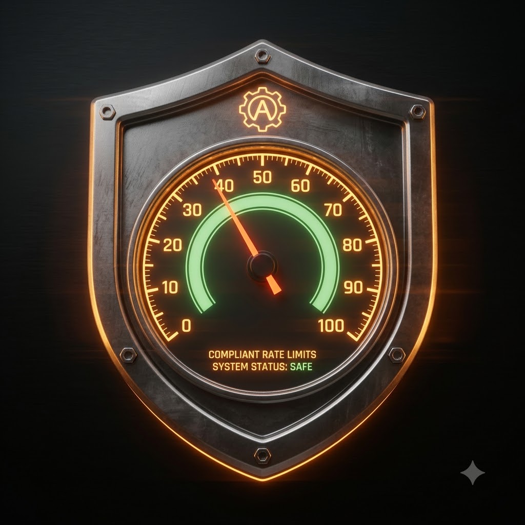 3D speedometer and shield symbolizing compliant automation limits