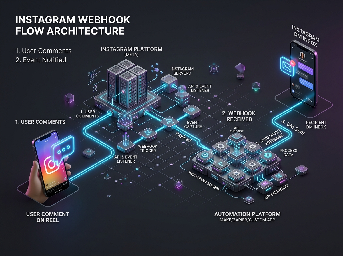 Instagram API architecture diagram showing comment to DM automation webhook flow