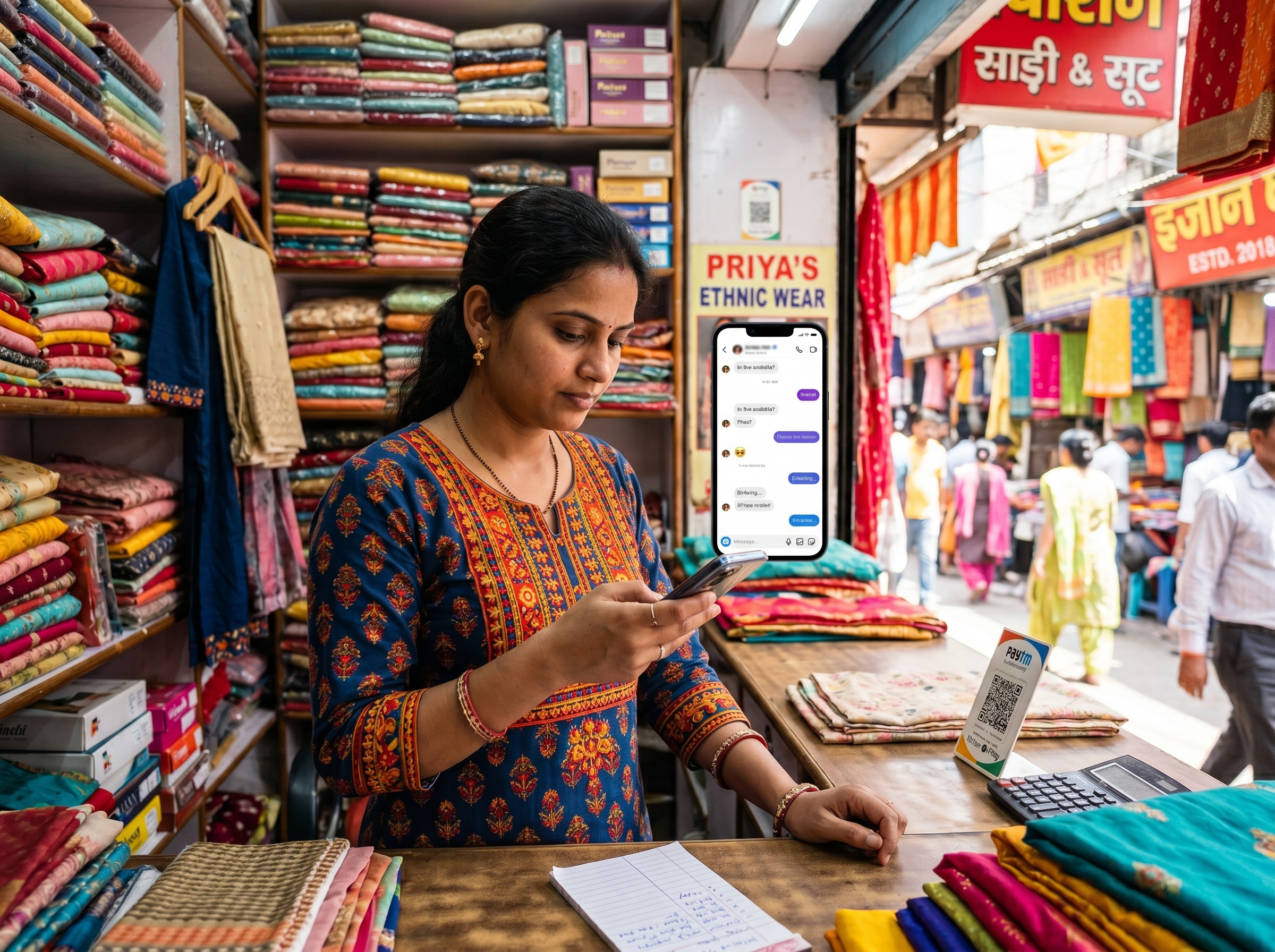 Indian small business owner managing Instagram DMs in boutique shop