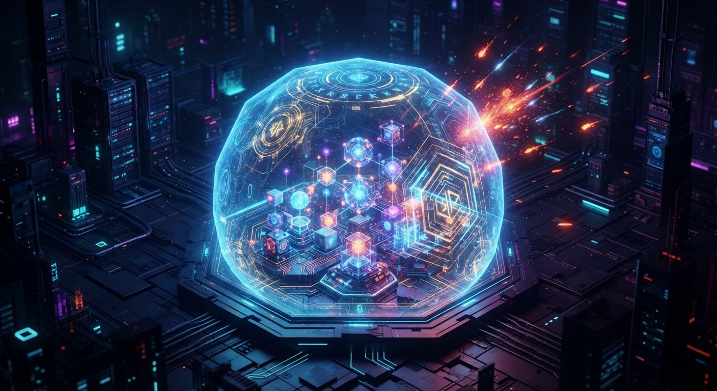 3D isometric shield protecting data nodes for API safety