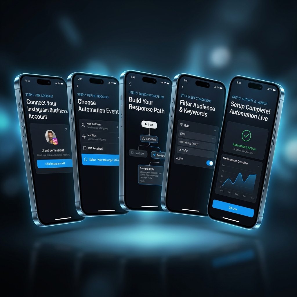 Five-step Instagram DM automation setup process on mobile screens