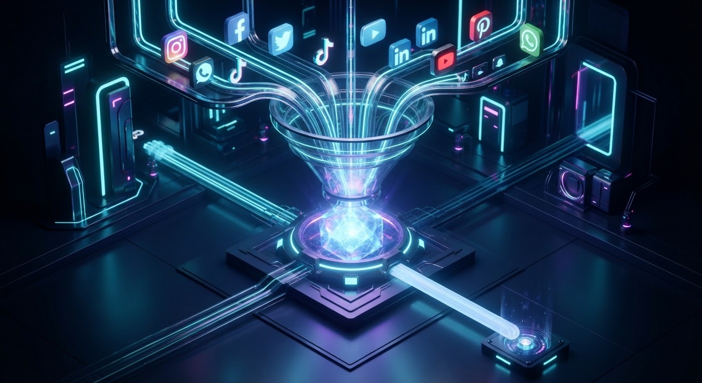3D isometric workflow funnel for multiple social media accounts