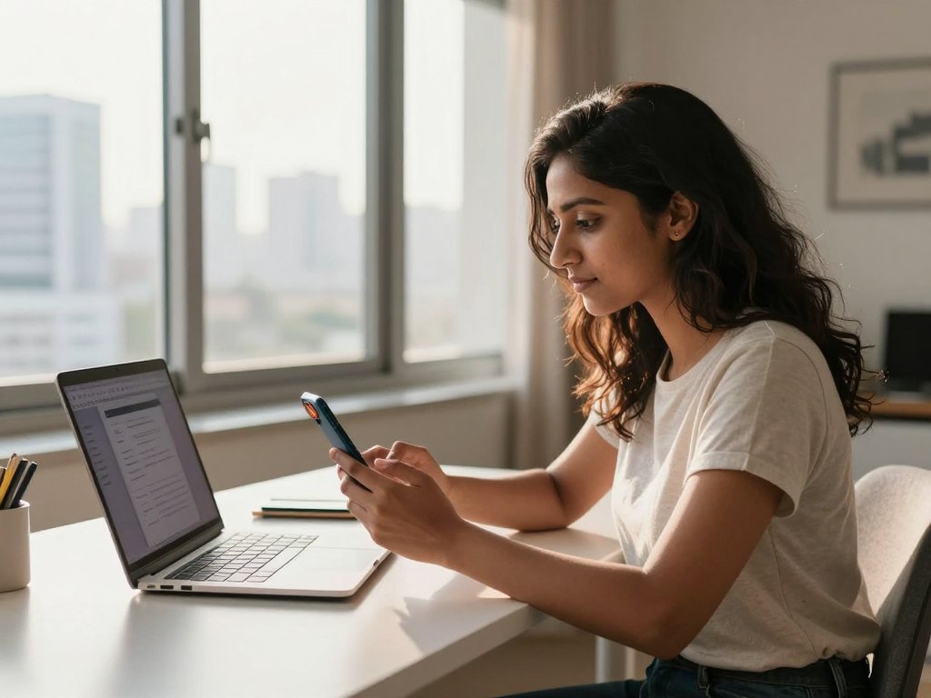 Indian Instagram creator receiving DM automation notification on phone at home studio