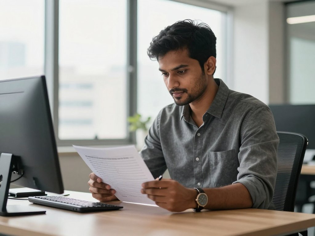 Indian entrepreneur reviewing a migration checklist at a modern Mumbai office standing desk