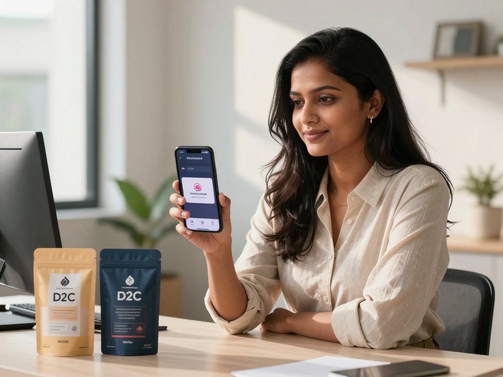 Indian D2C brand owner reviewing Instagram Reels DM campaign results in Mumbai studio