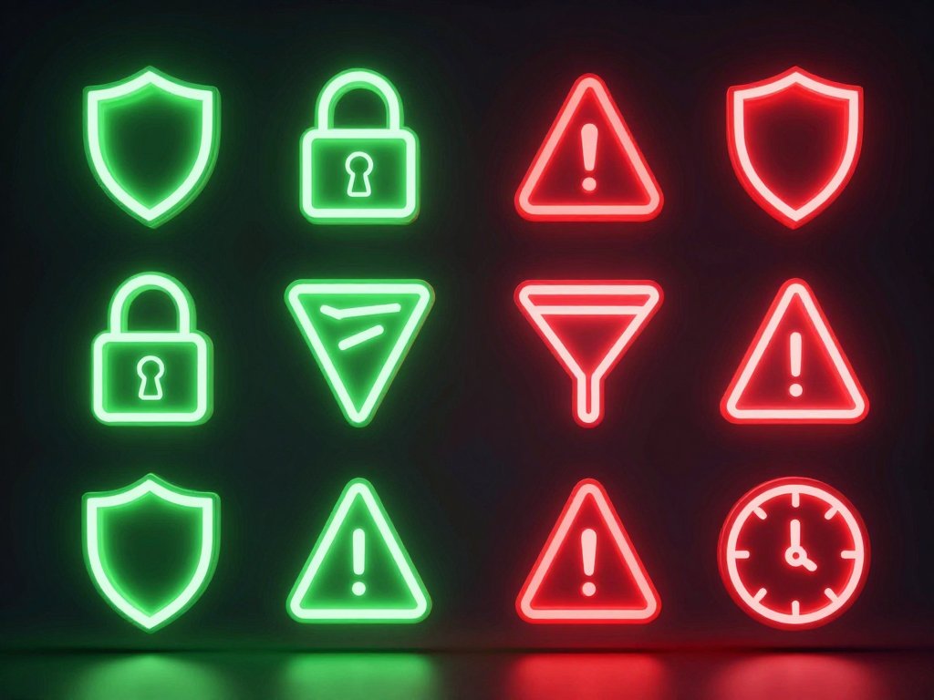 3D photorealistic icon grid showing DM automation dos and don’ts as glowing green and red icons