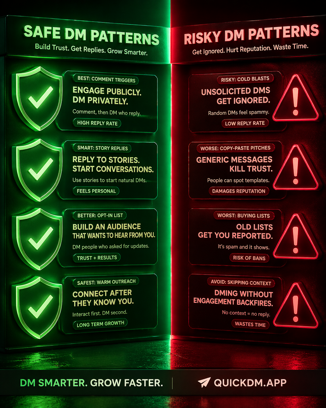 3D split-screen poster contrasting safe and risky Instagram DM automation patterns