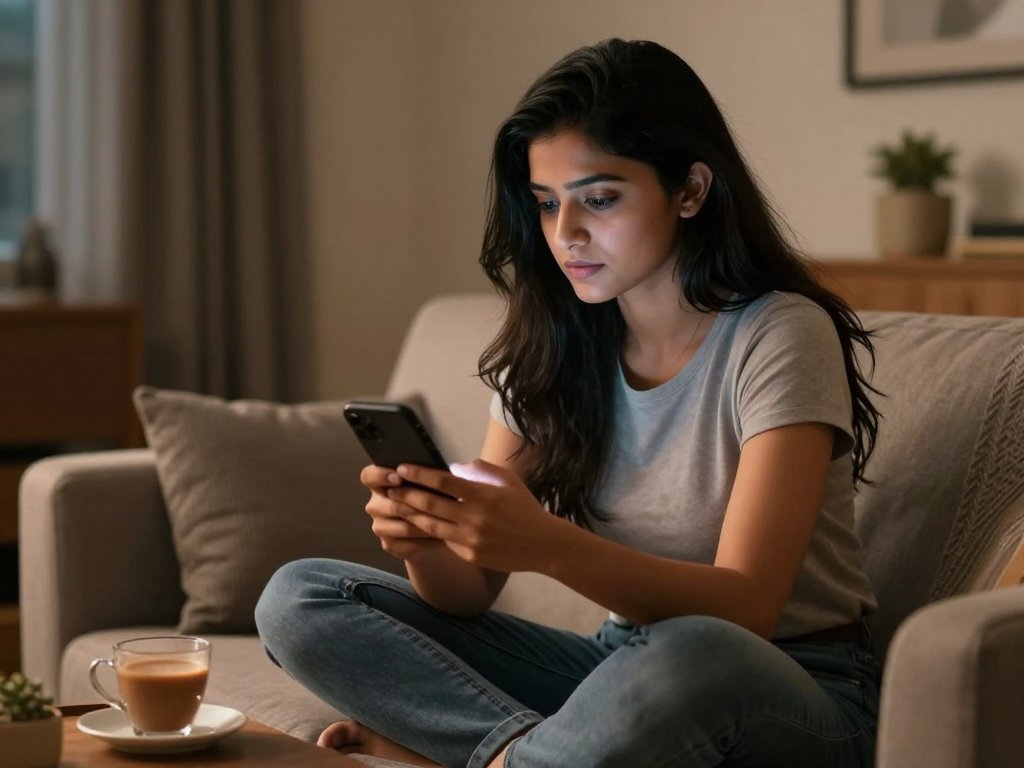 Indian female creator thoughtfully reviewing social media tool reviews on her phone at home