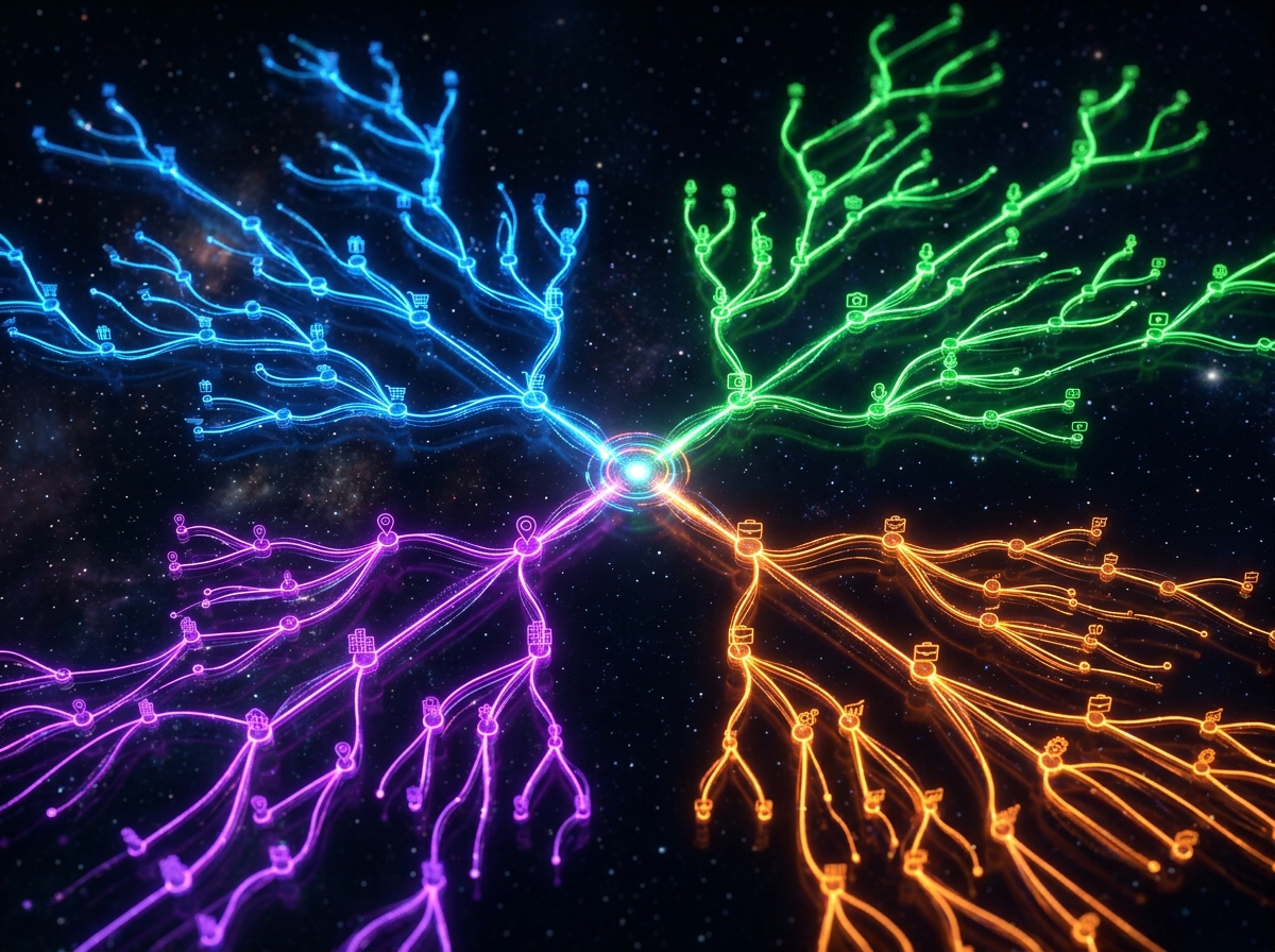 3D neon decision tree for choosing Instagram automation tools