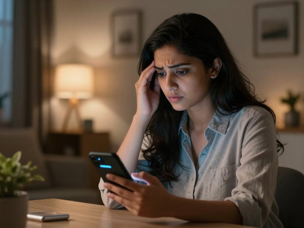Photorealistic scene of a frustrated young Indian woman in a modern apartment at night, staring at a phone screen showing an error message, soft warm ambient light, cinematic composition, sharp focus