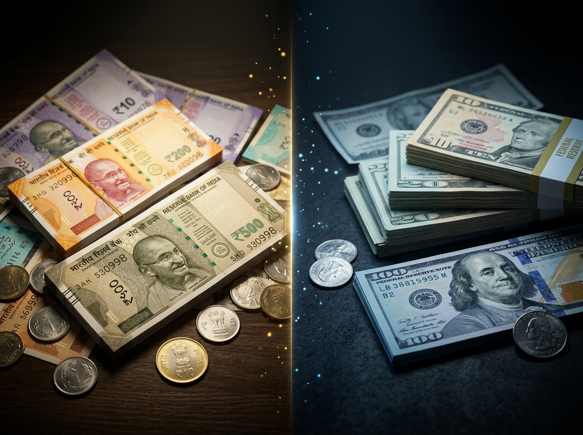 Split-screen comparison of Indian rupees versus US dollars for SaaS pricing