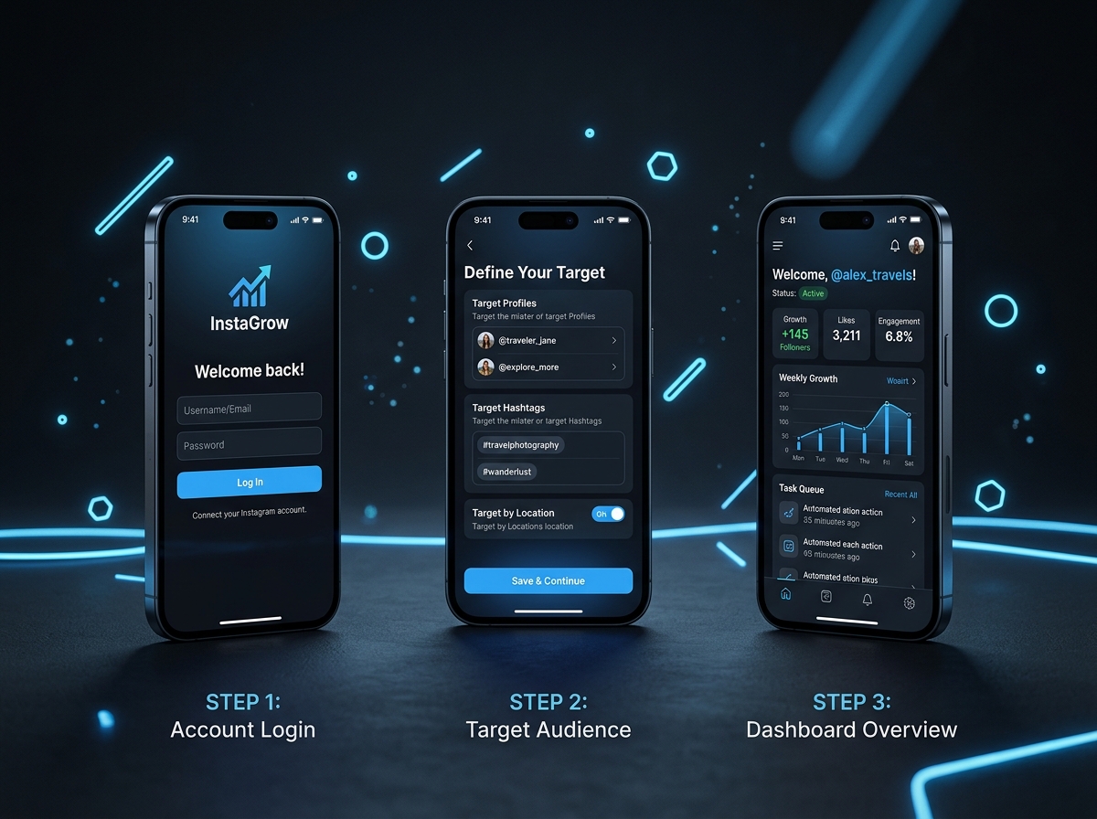 Three-step Instagram DM automation setup on sequential phone mockups