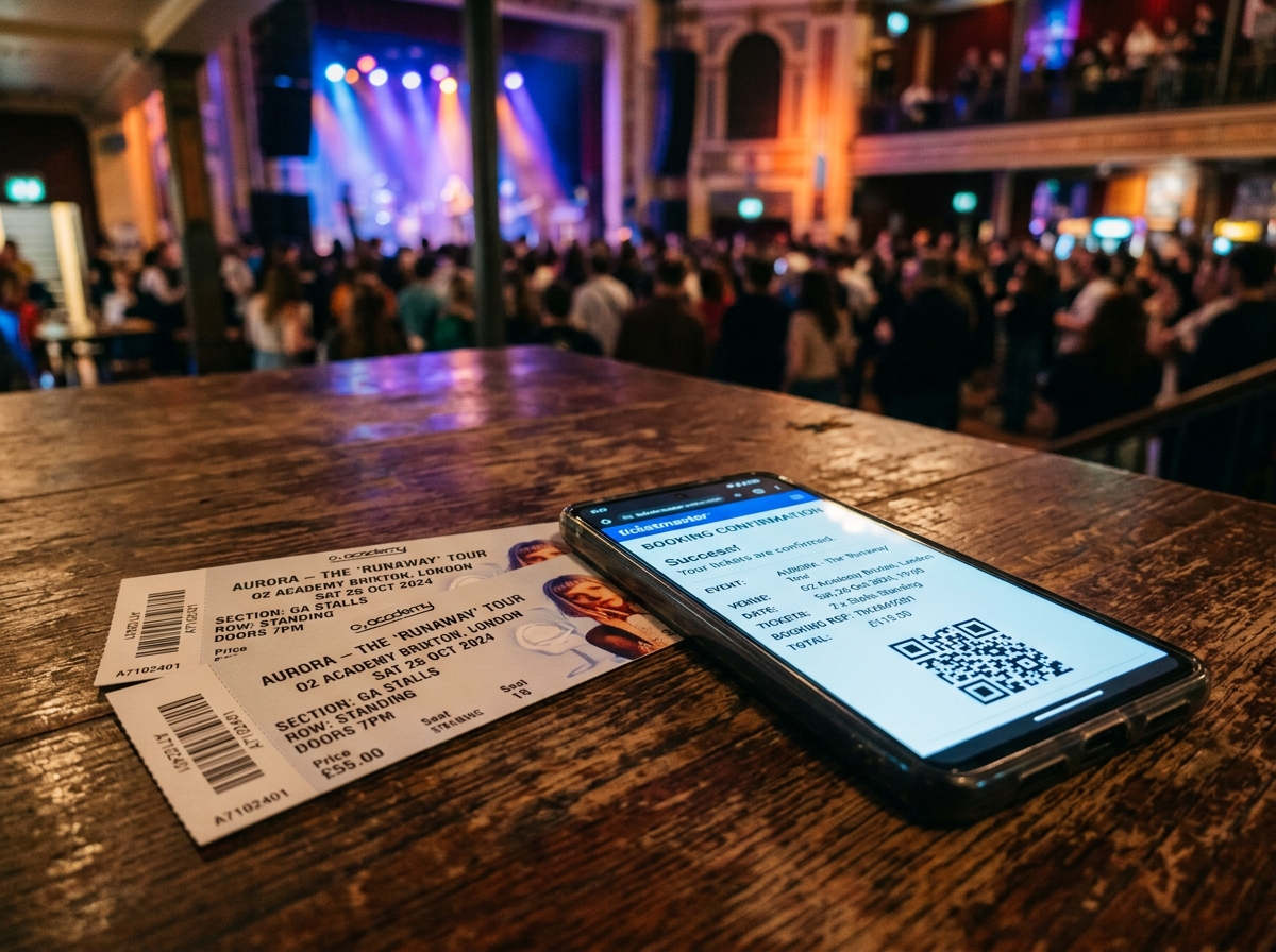 Event tickets and smartphone with booking confirmation