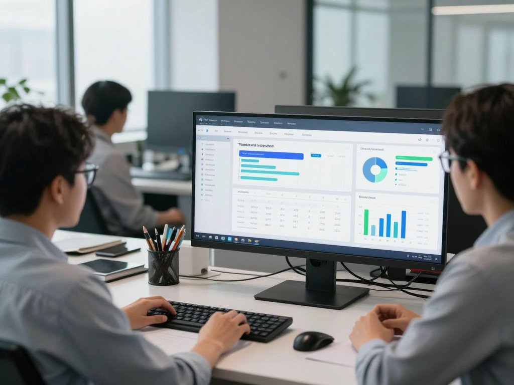 Enterprise marketing team in a modern office reviewing multi-channel chatbot analytics dashboards on large monitors, professional corporate setting