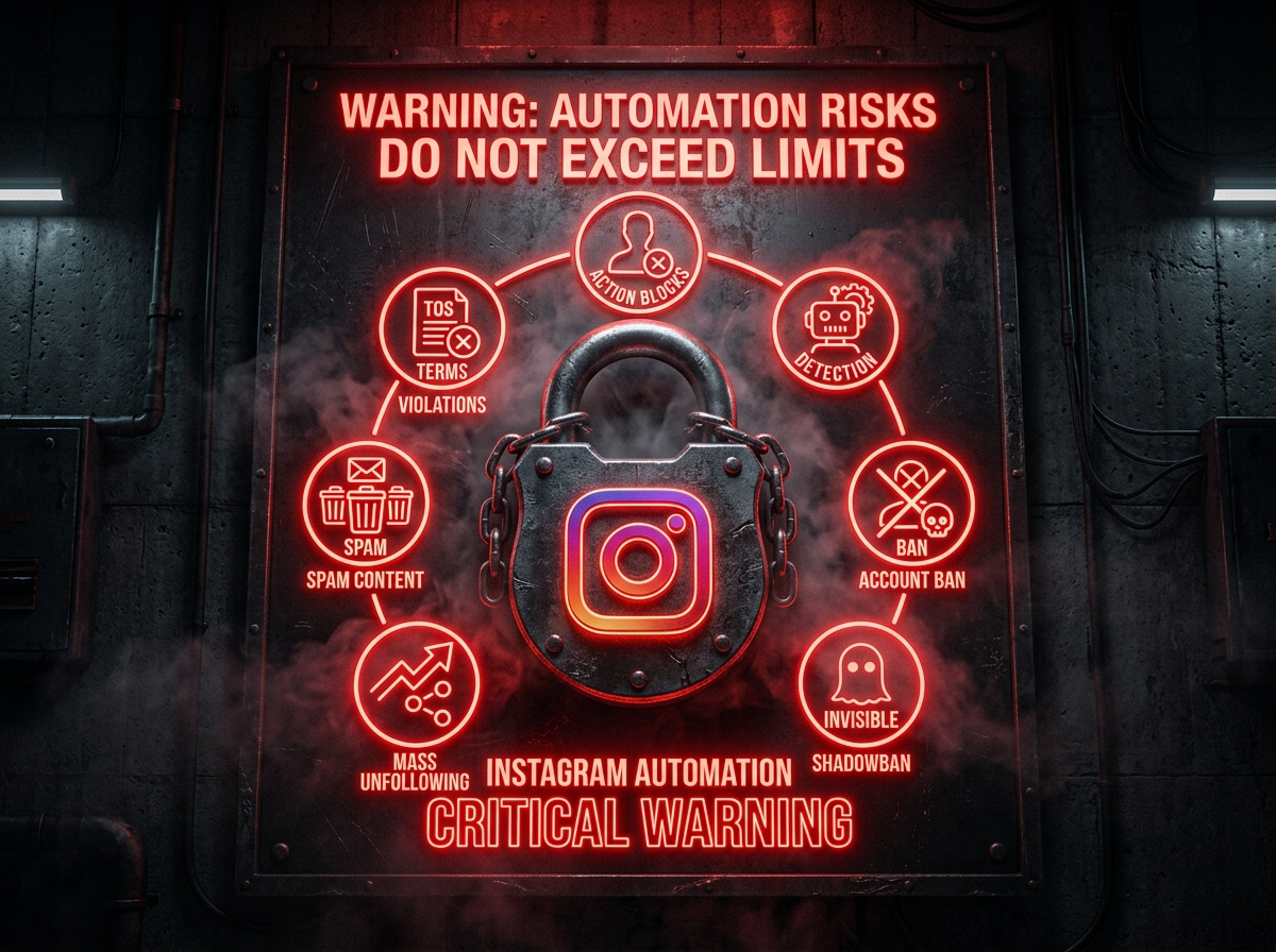 Security warning poster showing seven Instagram automation mistakes to avoid