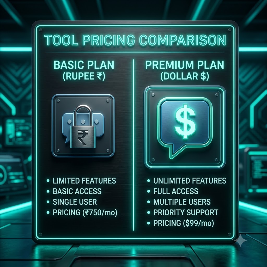 3D split screen comparing free tier and paid tier automation tools
