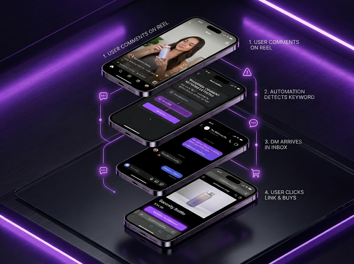 Instagram comment to DM automation funnel phone mockups