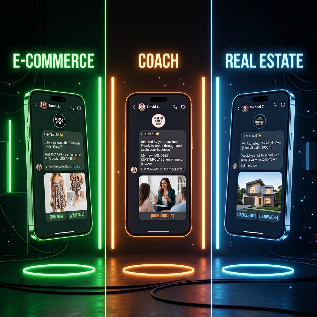 Split-screen comparison of vertical-specific Instagram DM templates on phones