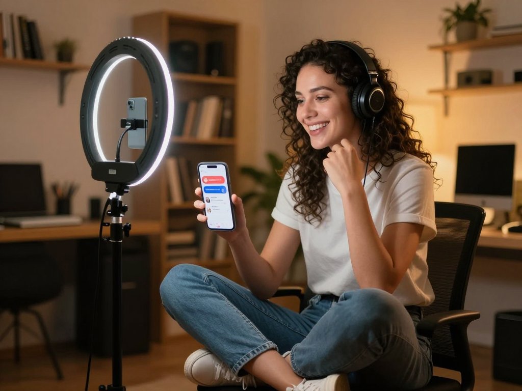 Solo creator relaxing at home studio with Instagram DM notification on phone