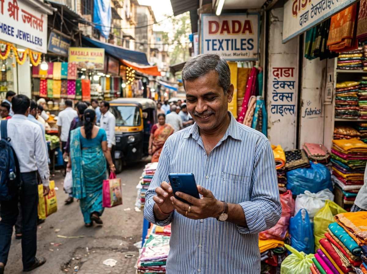 Indian small business owner using QuickDM on phone in Mumbai market