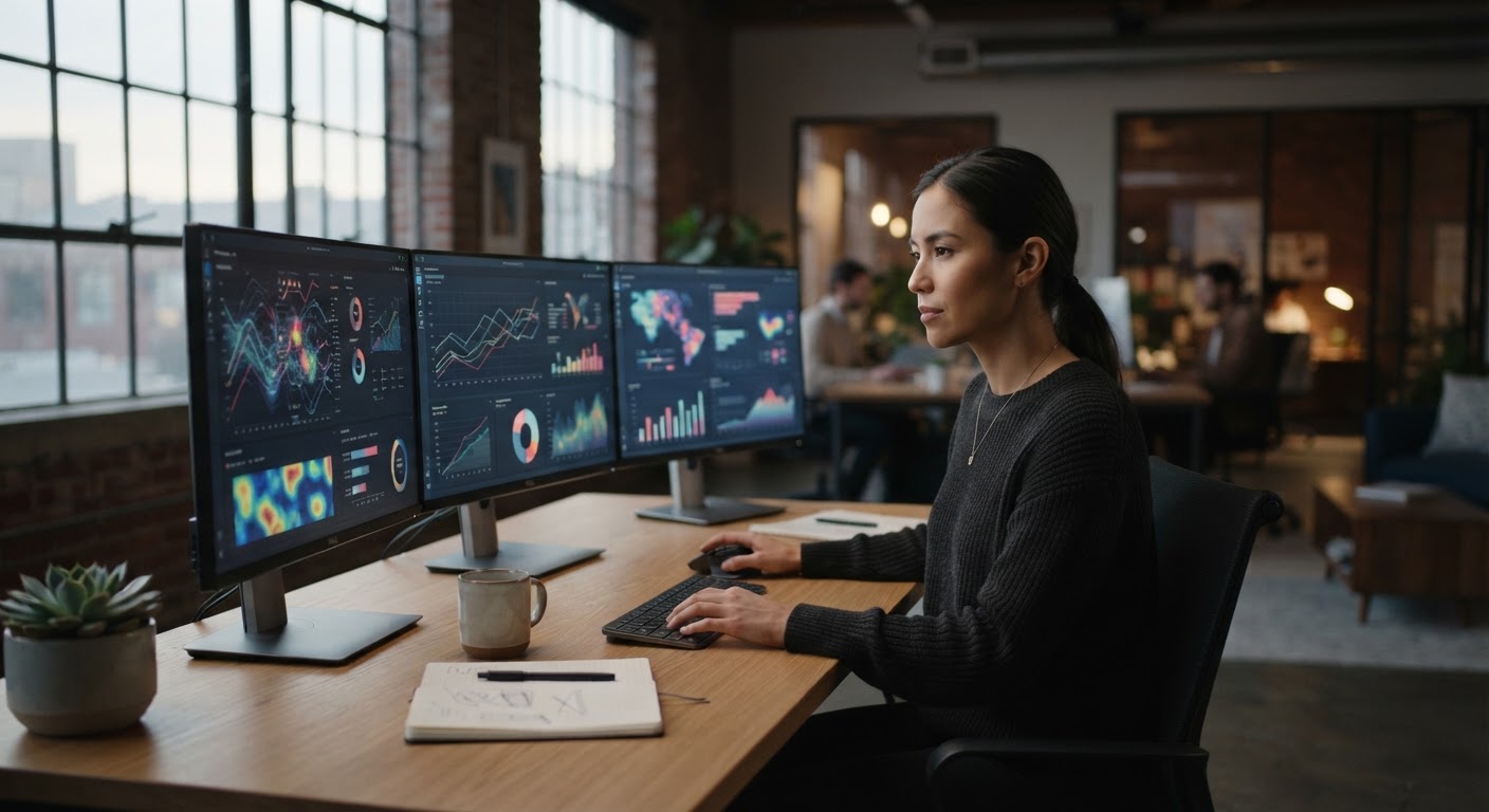 Modern marketing agency workspace with multiple monitors