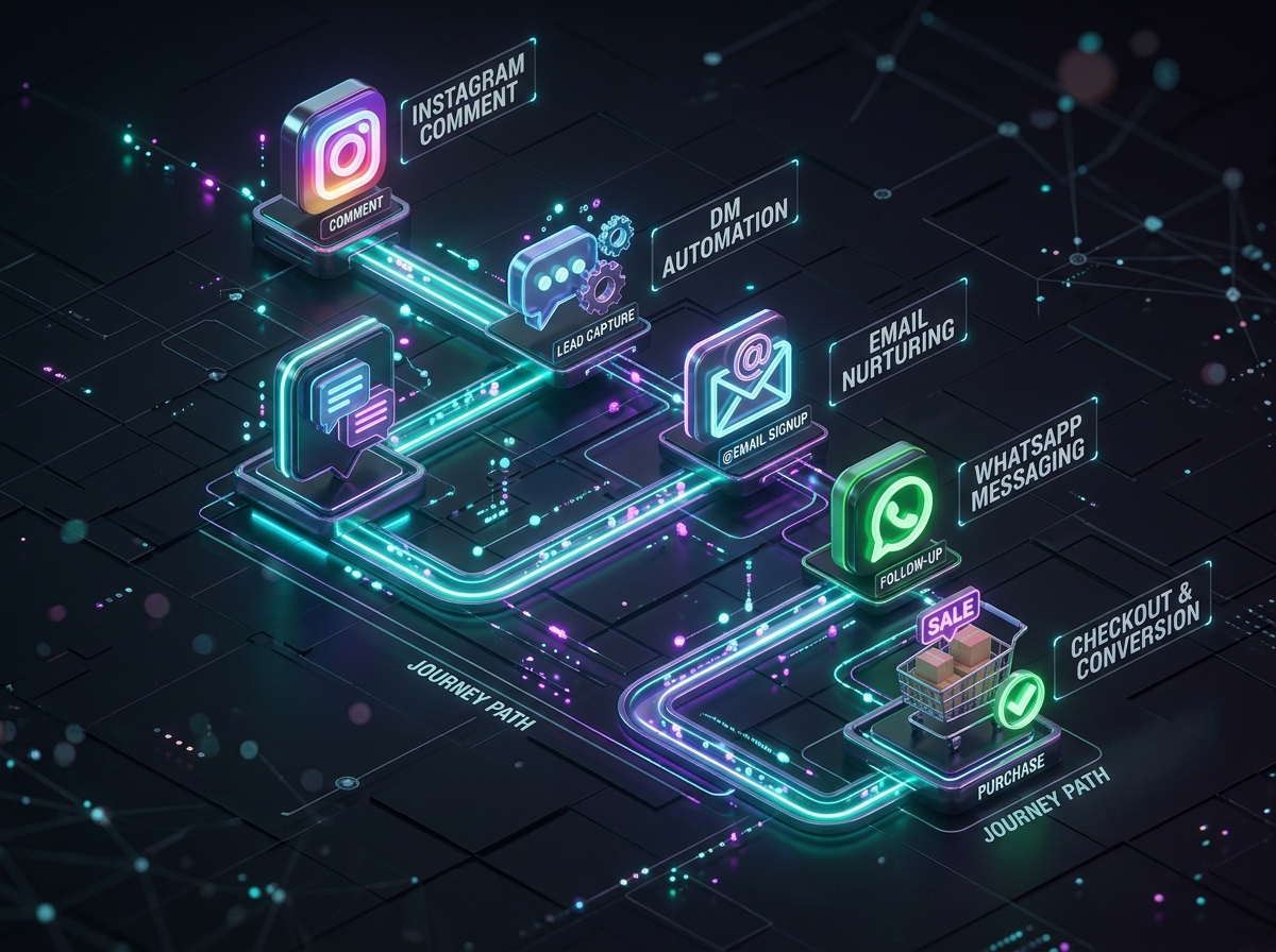 Multi-channel marketing funnel from Instagram DM to email to WhatsApp to purchase