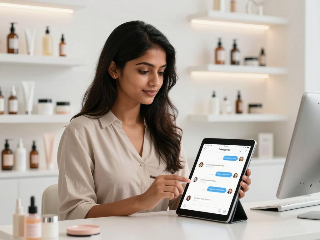 Indian beauty brand founder reviewing Instagram DM automation campaign analytics