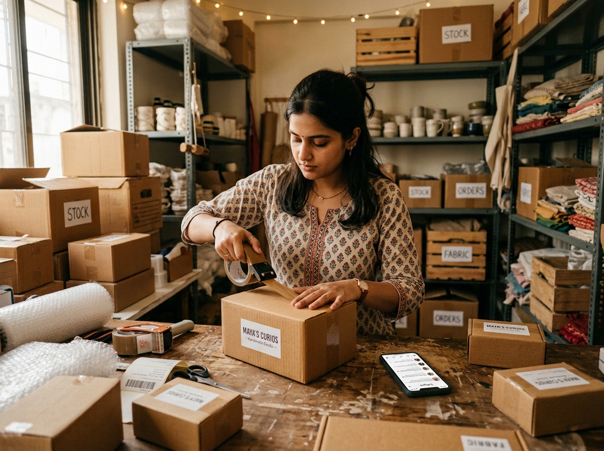 E-commerce brand owner packaging products with Instagram notifications