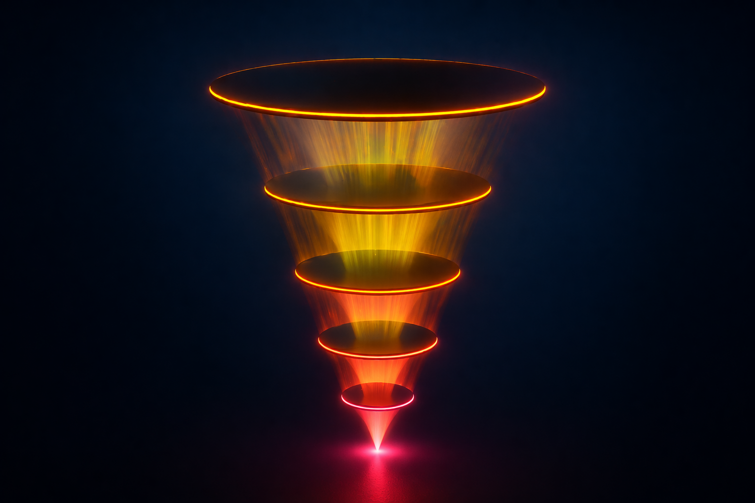 3D photorealistic marketing funnel diagram showing five DM automation funnel stages