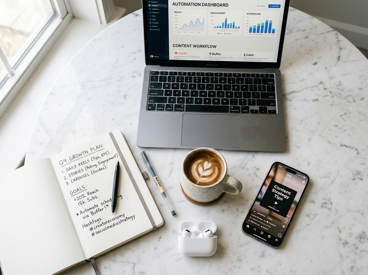 Creator workspace with Instagram automation tools on devices